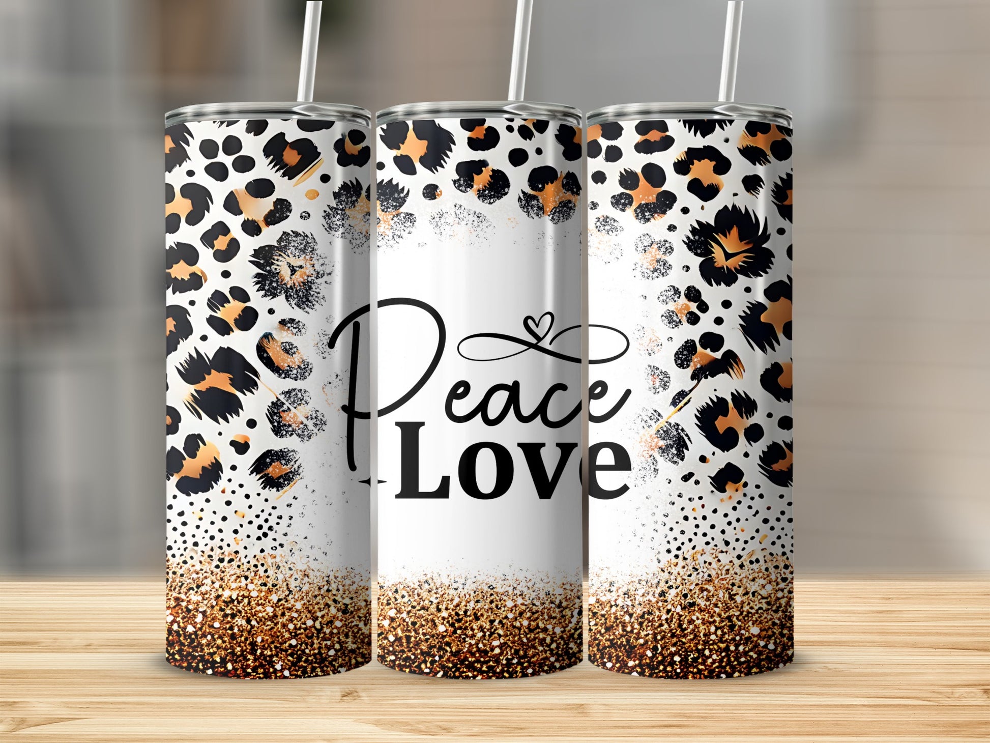 Leopard Print Peace Love Glitter Tumbler