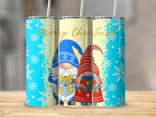 Three gnomes with blue hats and presents, against a blue snowflake background.