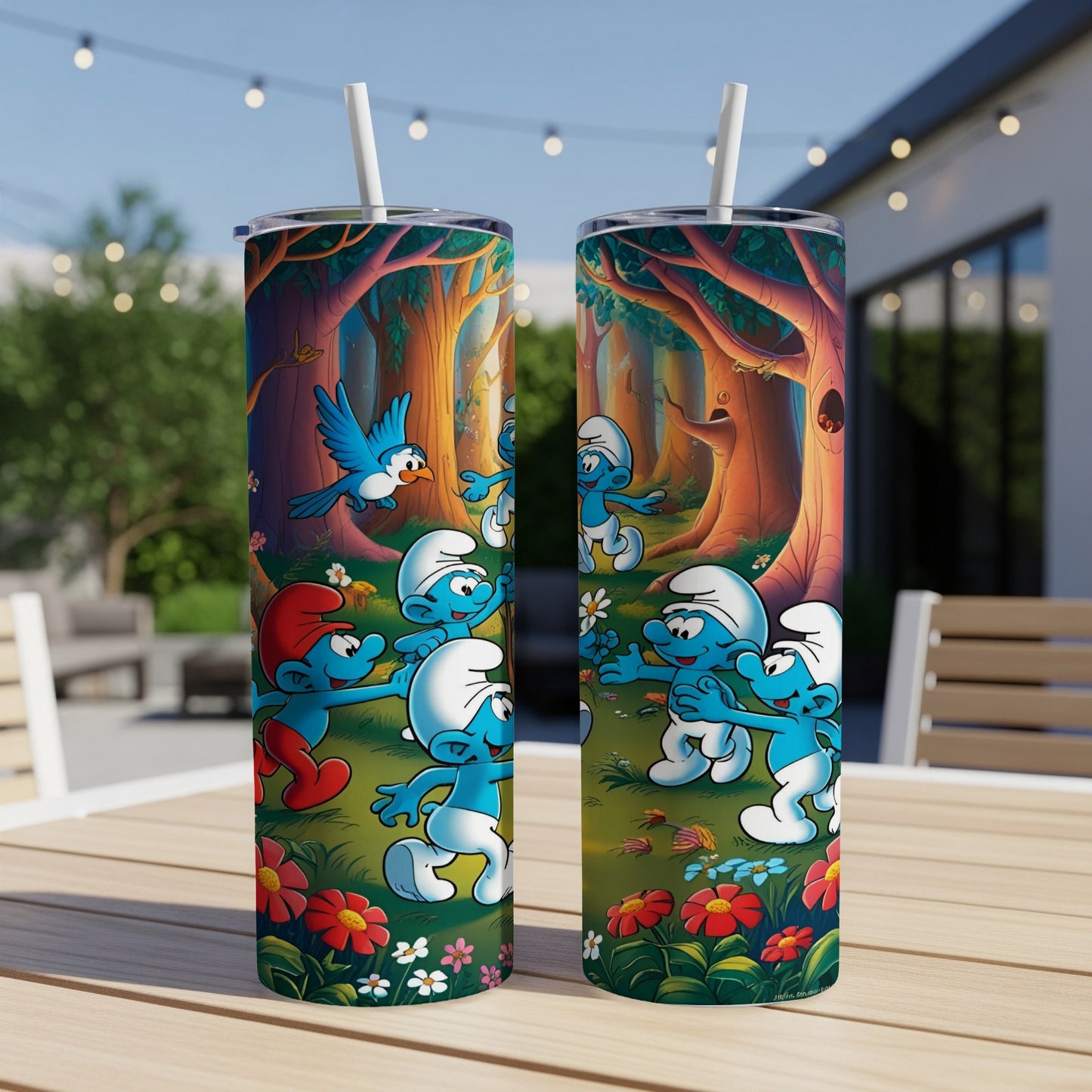 Two Smurfs drink holders with Smurfs in a forest scene.