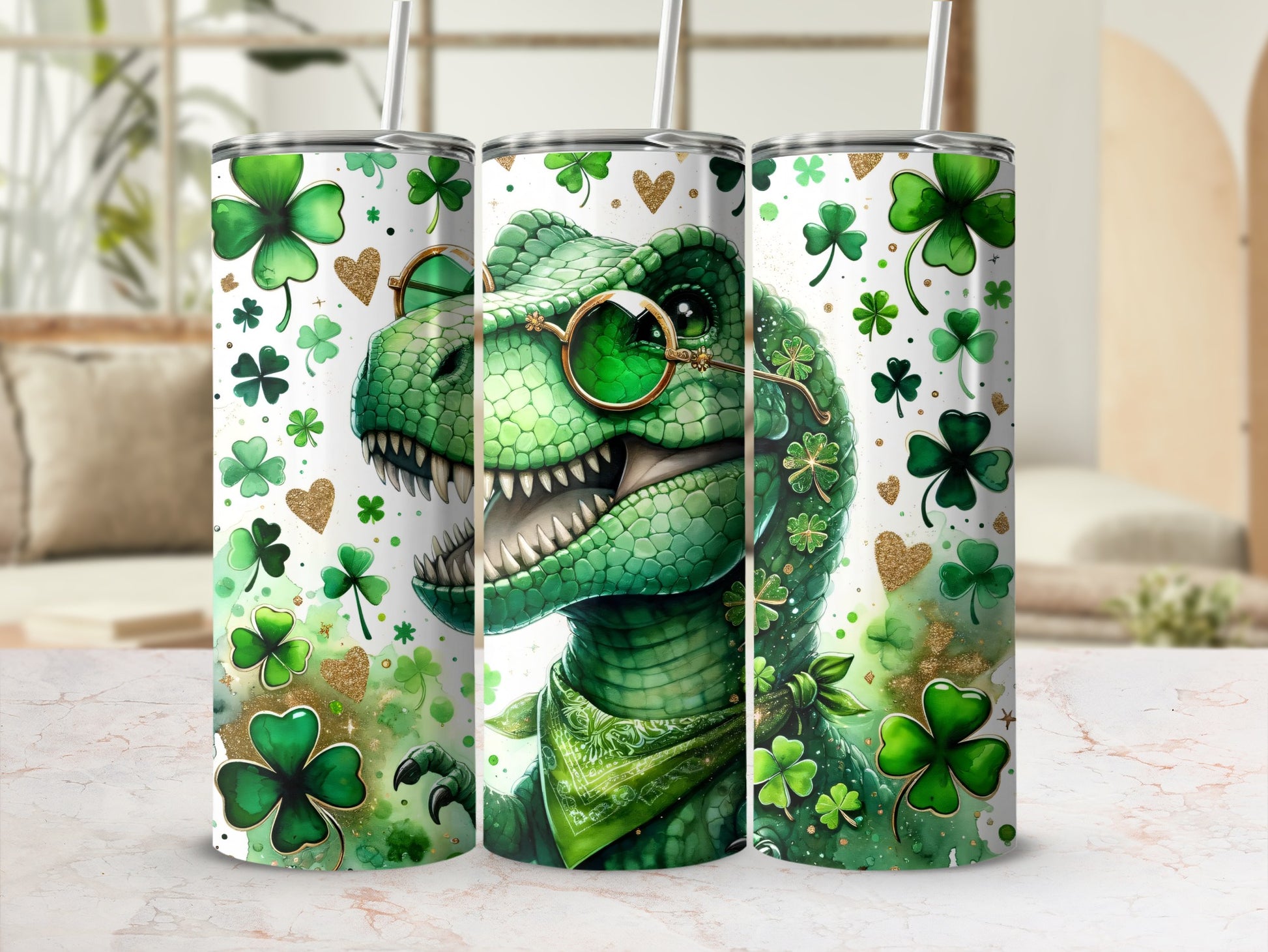 Green dinosaur wearing glasses and bandana, surrounded by shamrocks.