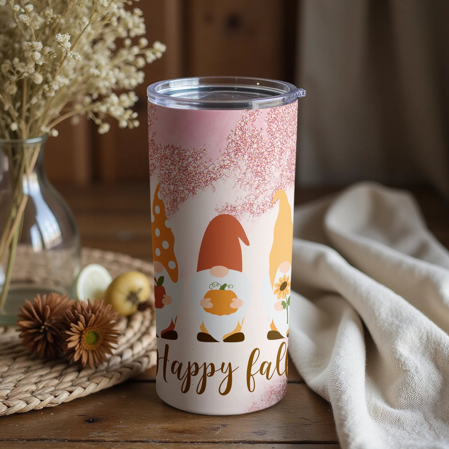 Happy Fall Gnomes Pink Glitter Tumbler Cup