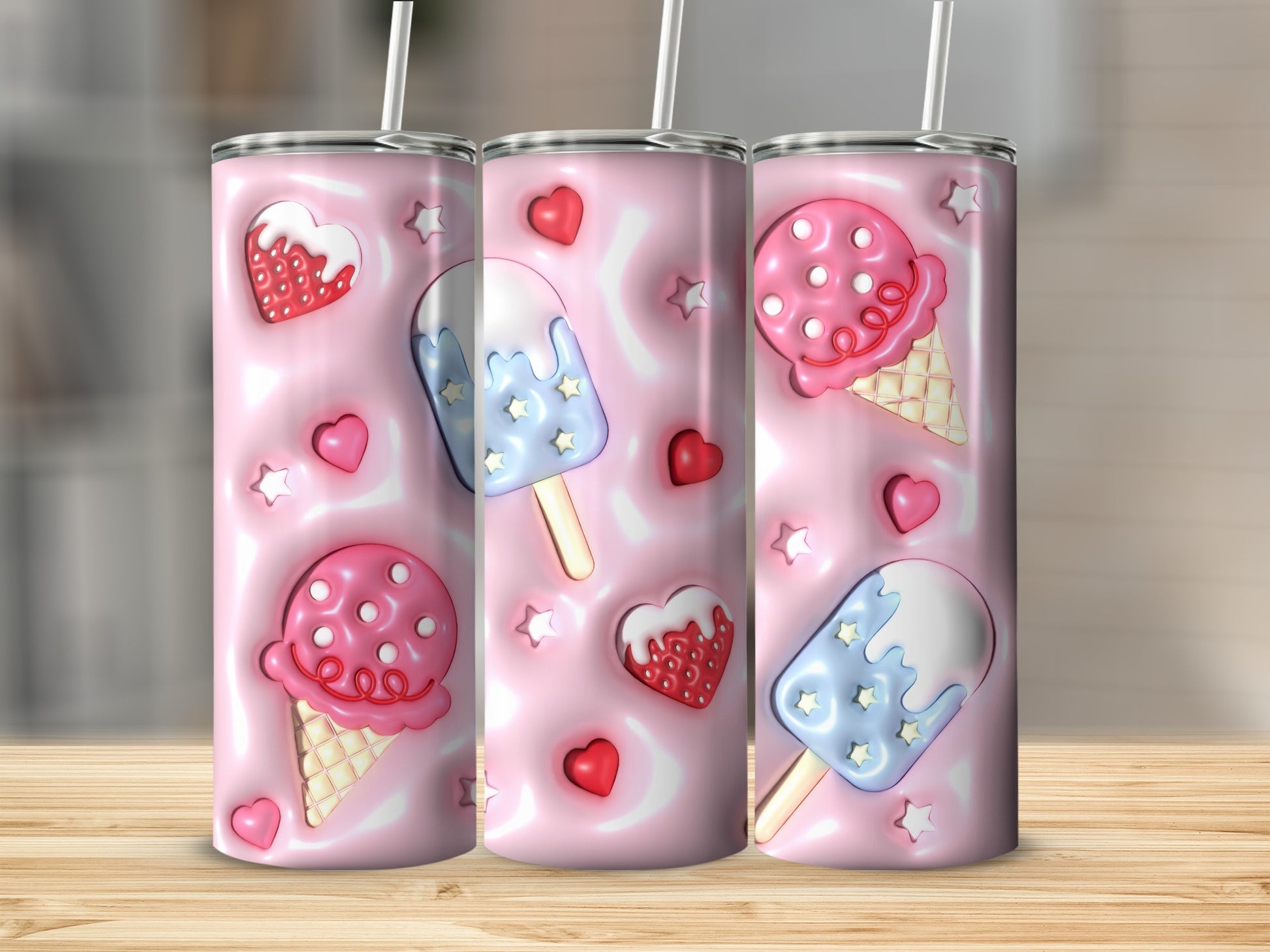 Sweet Pink Liquid Ice Cream Popsicle Hearts Stars Design Tumbler product type
