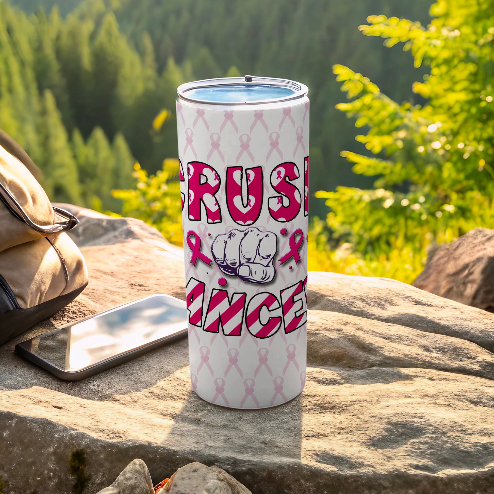 Tumbler with pink ribbon pattern and "Crush Cancer" text.