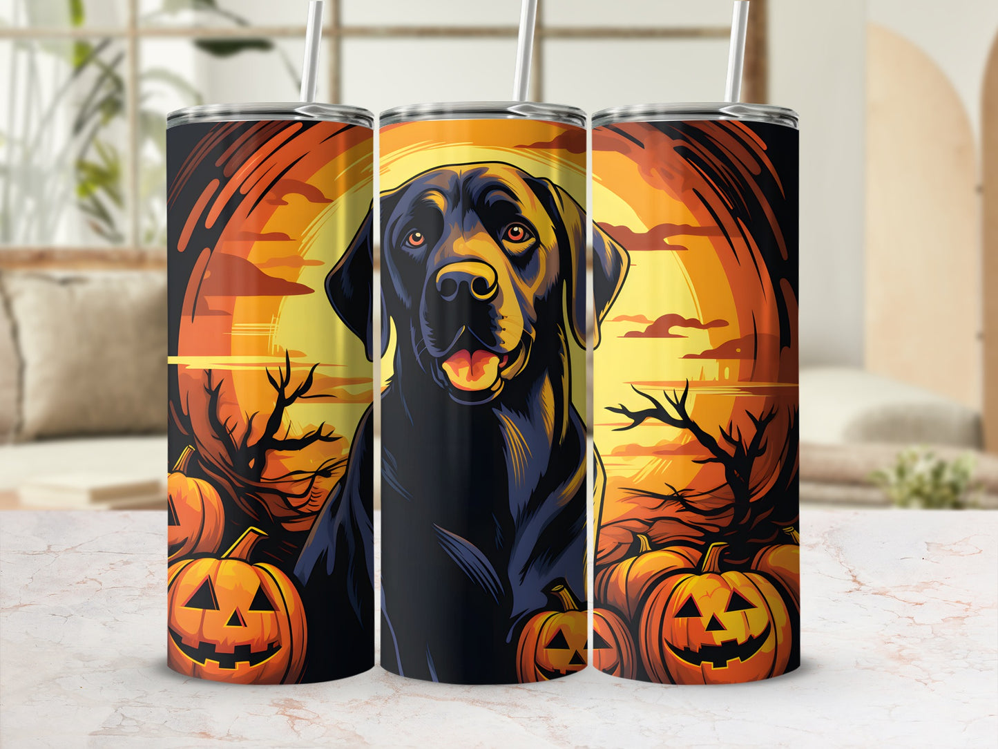 Black Labrador with Halloween pumpkins and spooky trees on a sunset background.