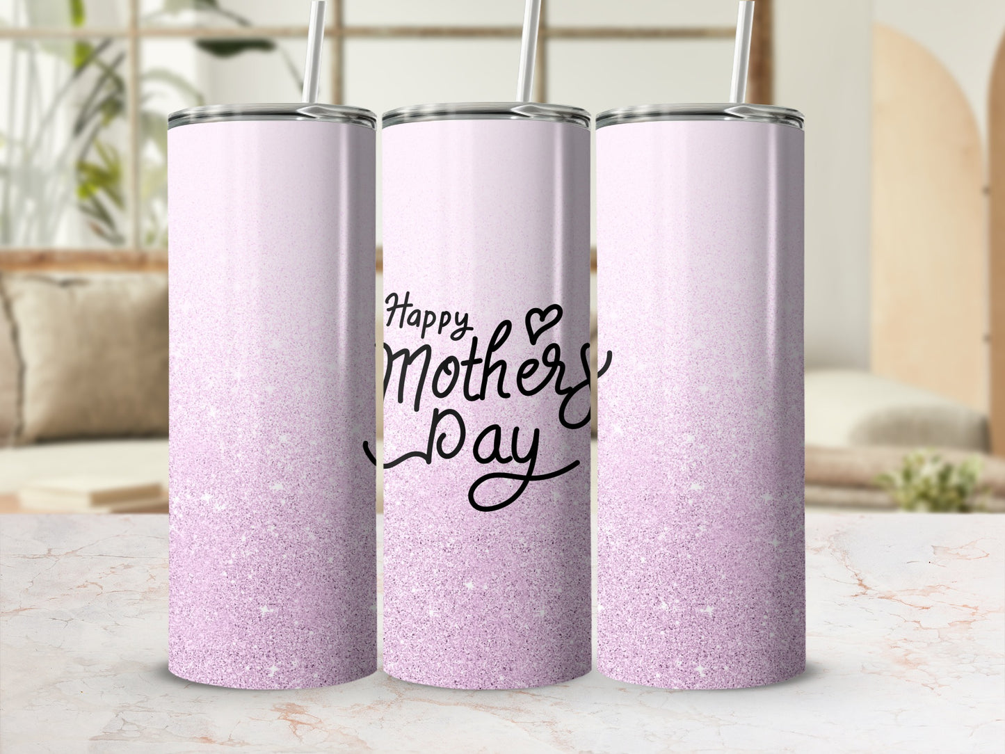 Three pink glitter tumblers with "Happy Mother's Day" text.