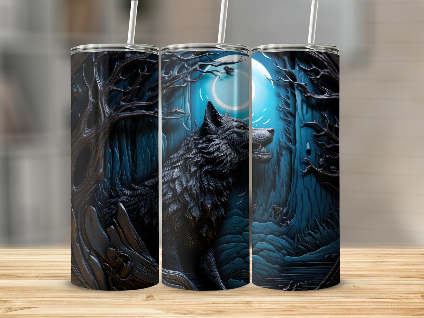 Three tumblers featuring a black wolf howling at a blue moon in a dark forest.