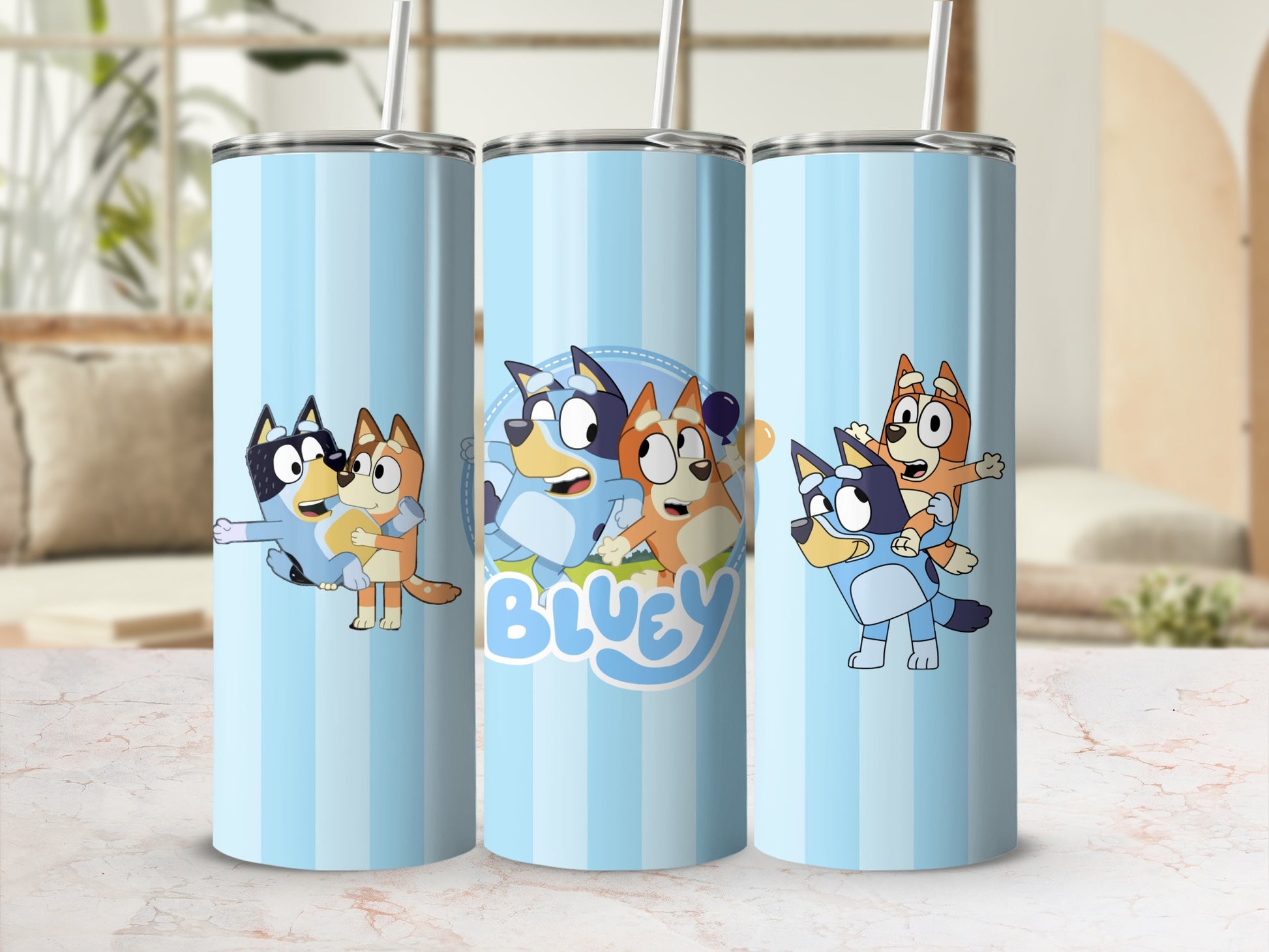 Bluey Cartoon Characters on Vibrant Blue Tumblers
