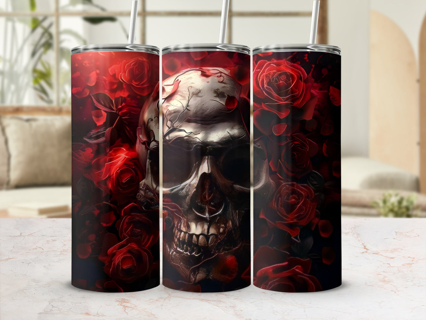 Dark skull with red roses design on a tumbler.