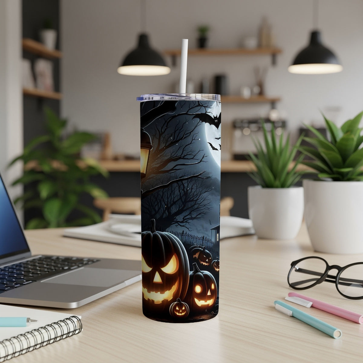 Halloween tumbler with jack-o'-lanterns, bats, and a full moon scene.