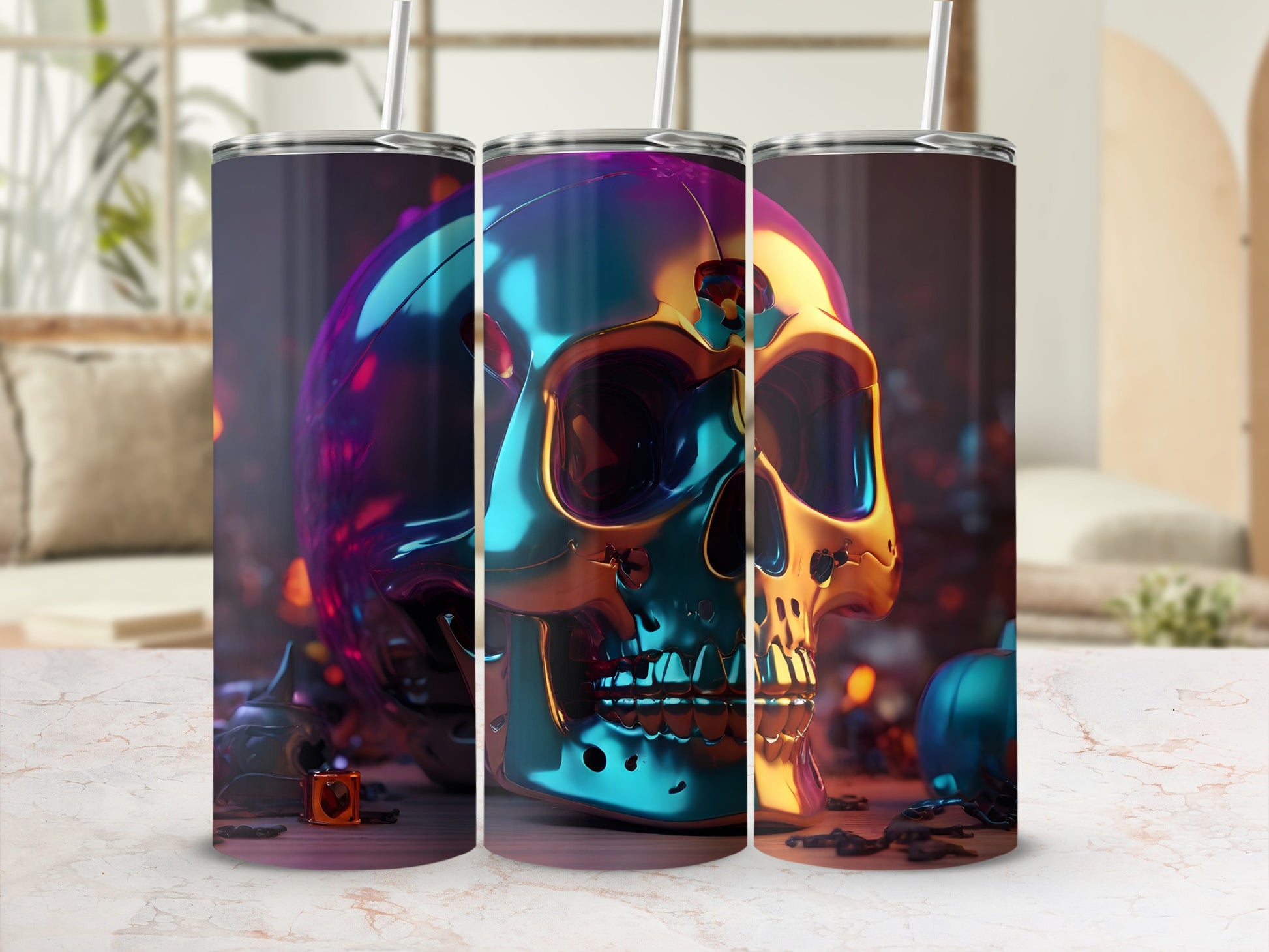 Holographic Metallic Skull Blue Gold Purple Tumbler product type