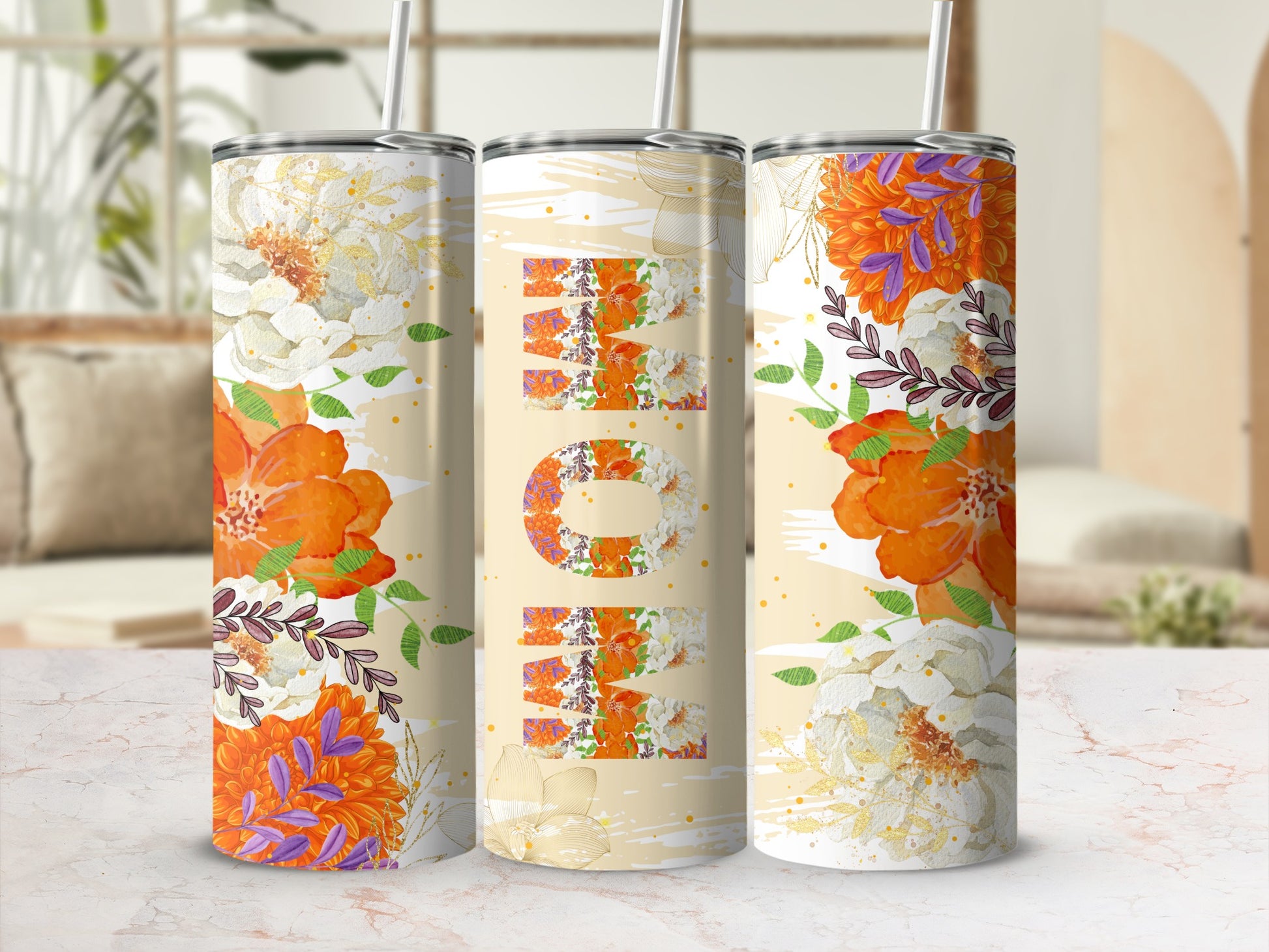 Vibrant Floral Design Insulated Tumbler With Straw