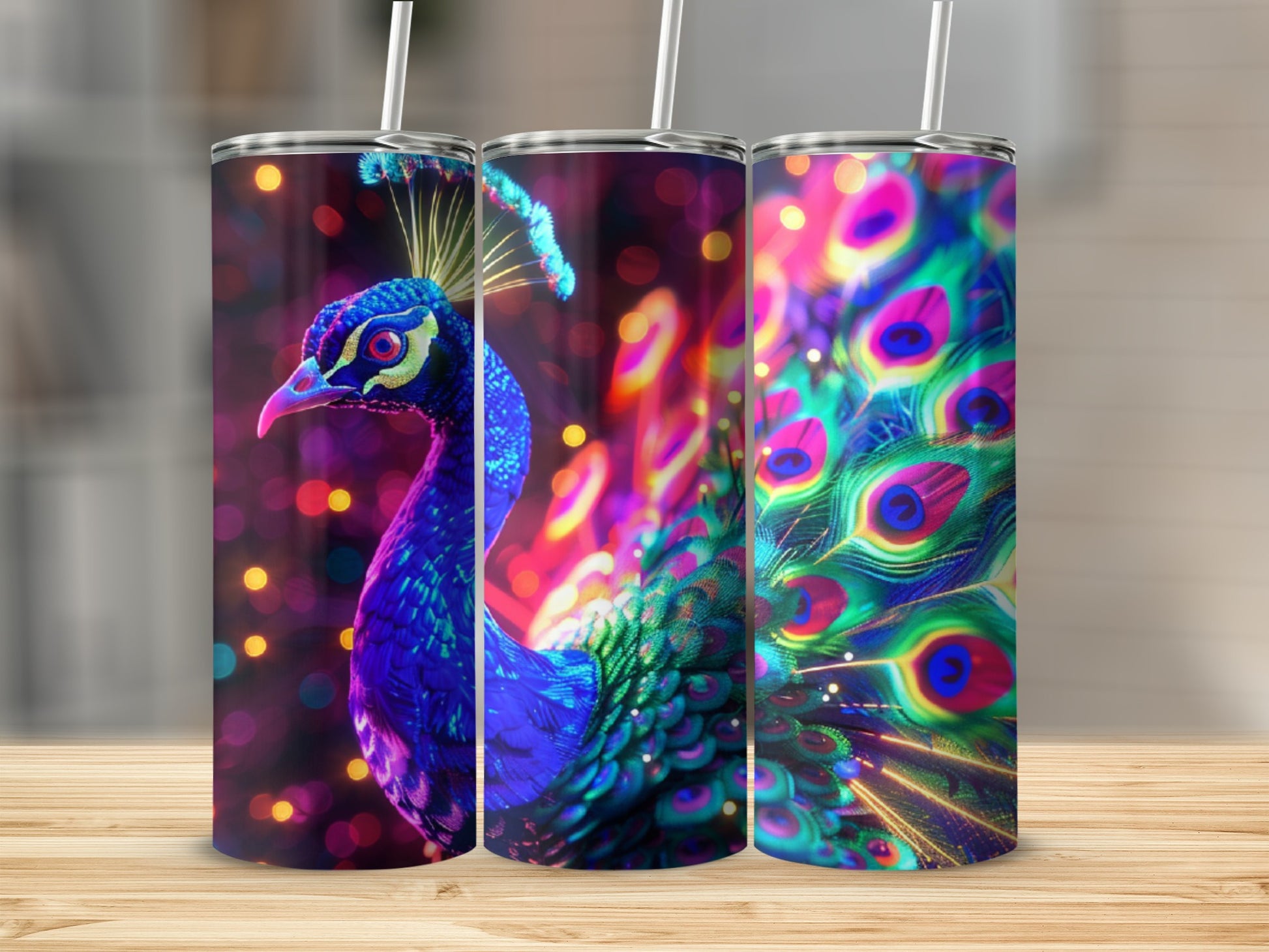 Three tumblers with vibrant peacock feather designs and bokeh lights.