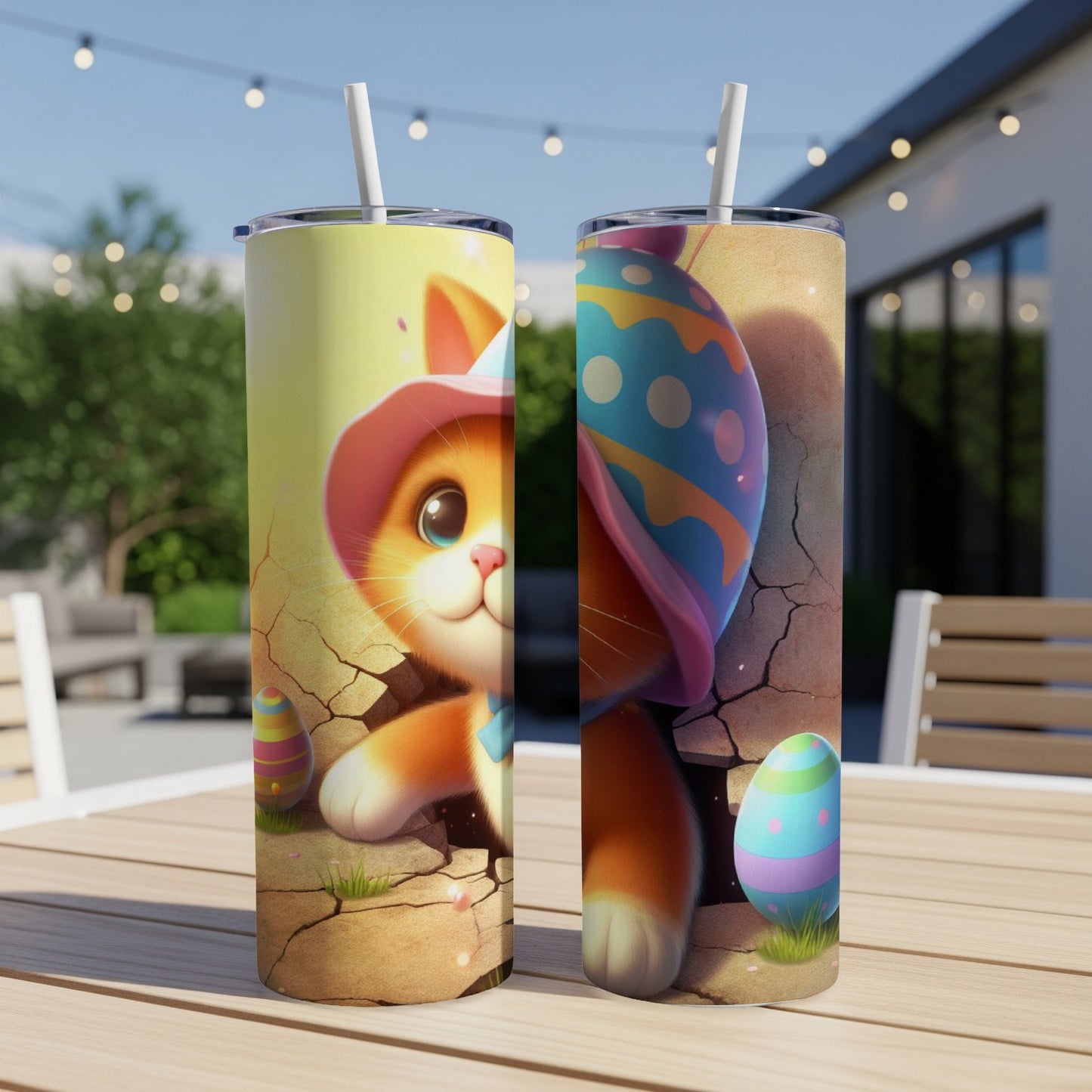 Two tumblers featuring a cute cat in an Easter bonnet holding an egg.