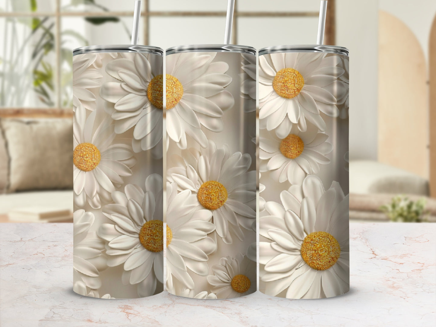 Three tumblers with a textured white daisy floral pattern.