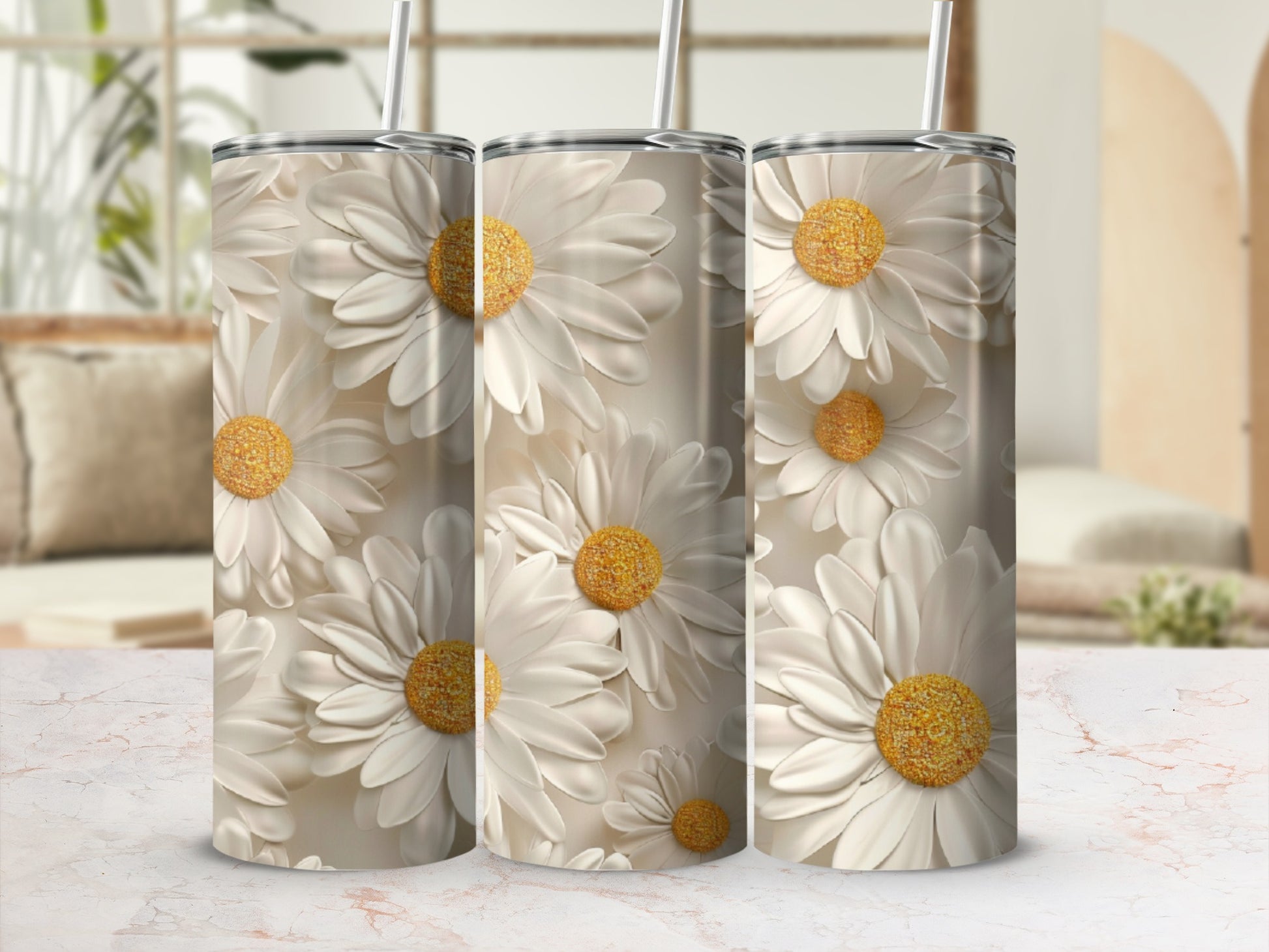Three tumblers with a textured white daisy floral pattern.