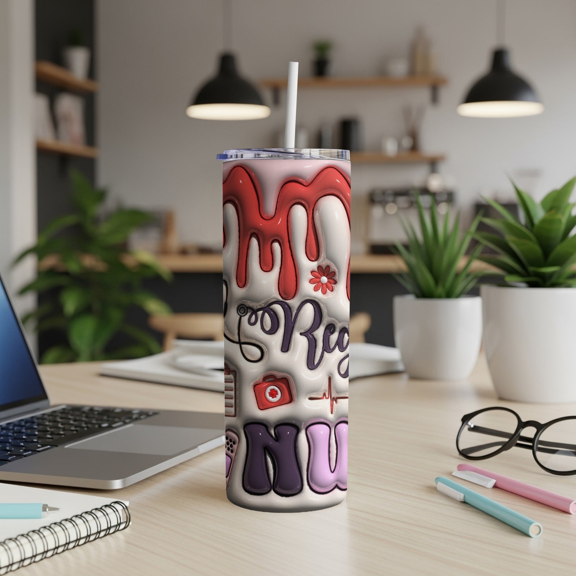 Pink and red dripping design on a tumbler with medical icons and text.