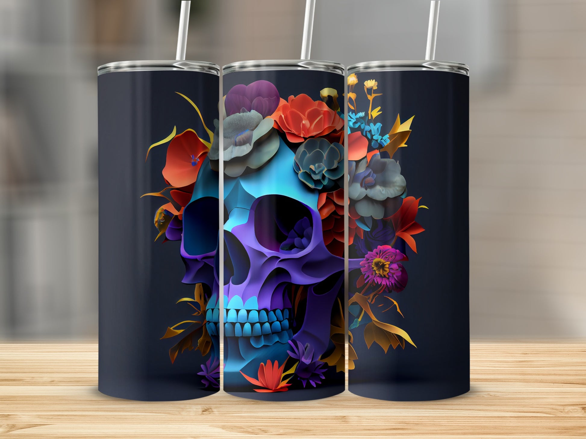 Floral Skull Full Wrap Stainless Steel Tumbler