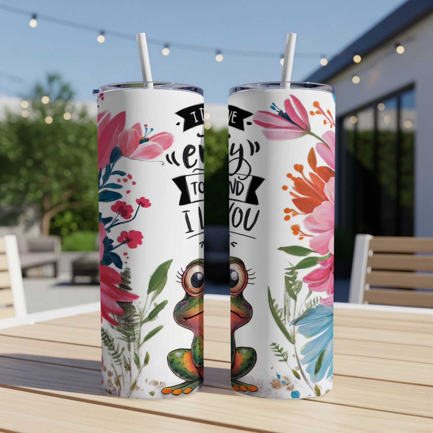 Two tumblers with a frog and floral design, featuring text "I love every thing to find I you."