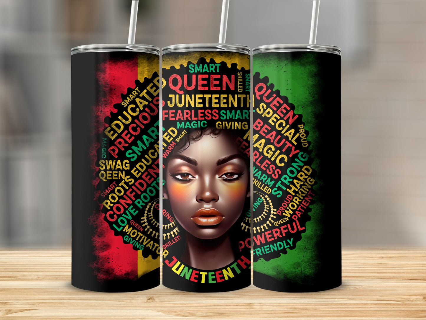 Tumbler featuring a Black woman's face surrounded by positive words, with Juneteenth theme.
