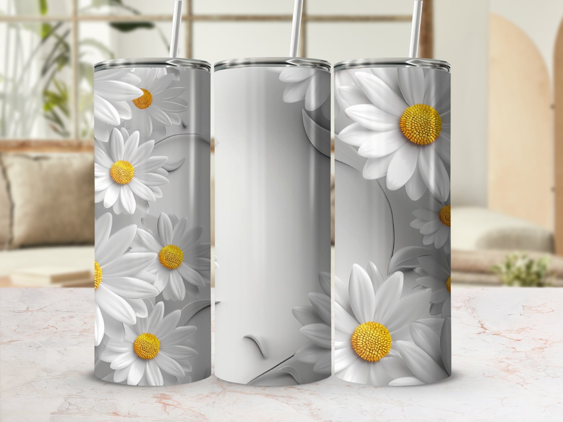 White daisies on a blank gray tumbler, presented as a product mockup.
