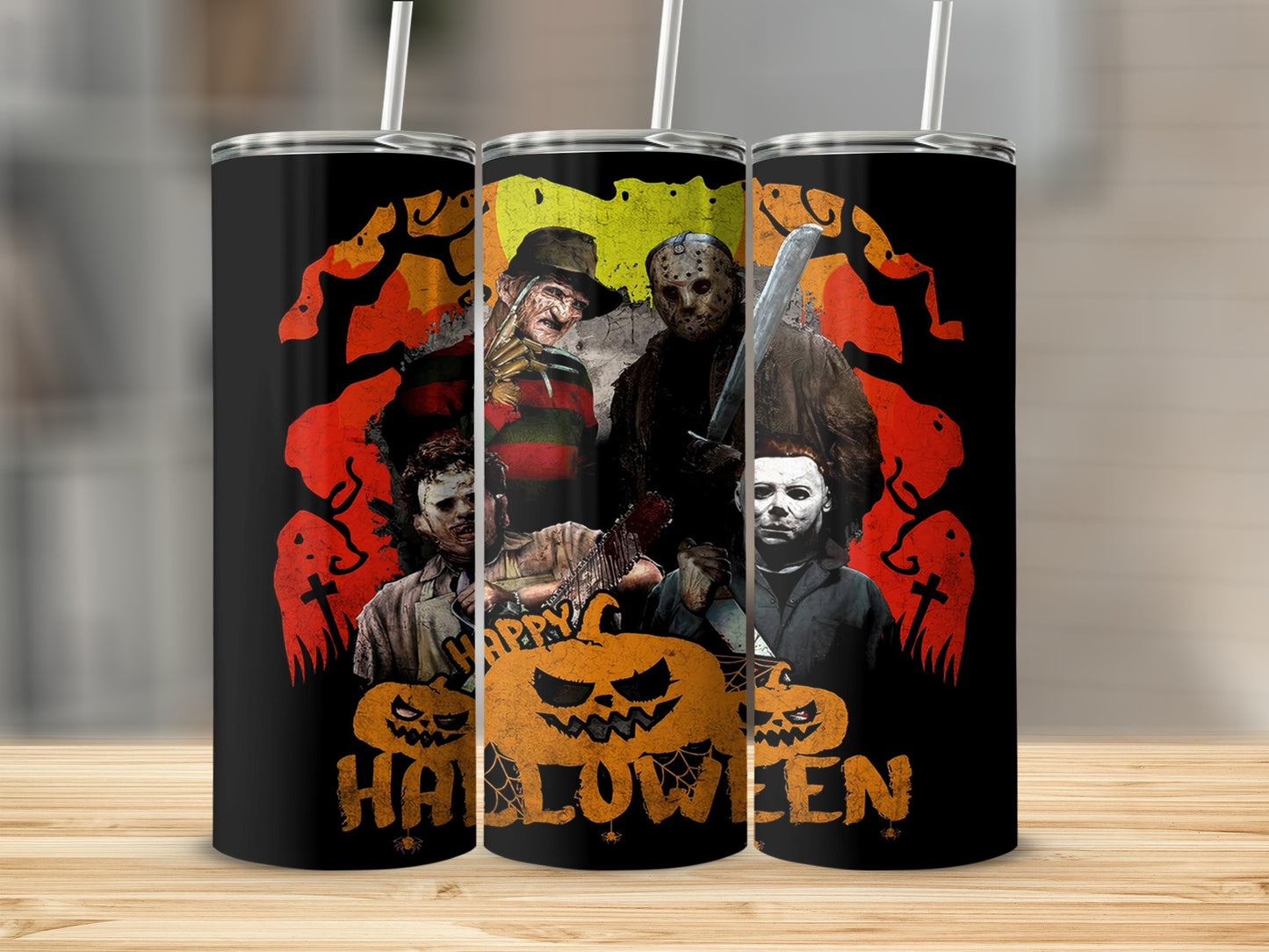 Halloween tumblers featuring horror icons Freddy, Jason, Michael Myers, and Ghostface.