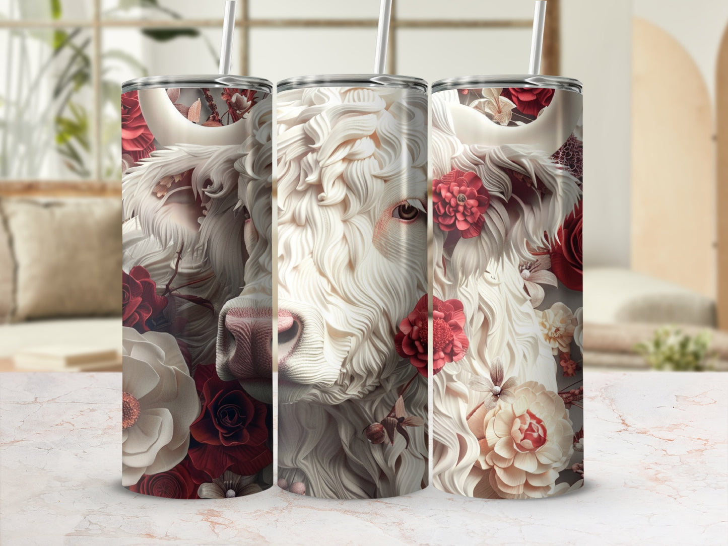 White cow with floral accents on a tumbler.