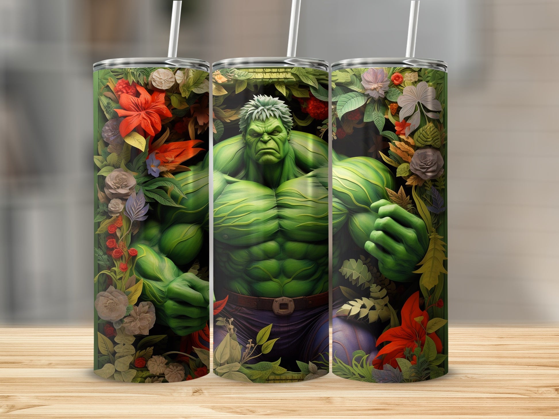 Vibrant Floral and Green Muscle Man Tumbler with Straw
