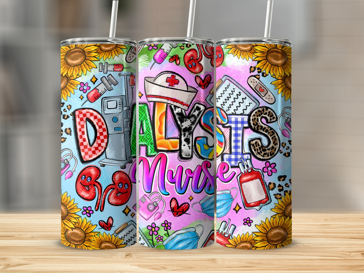 Dialysis Nurse tumbler with medical icons and sunflowers.