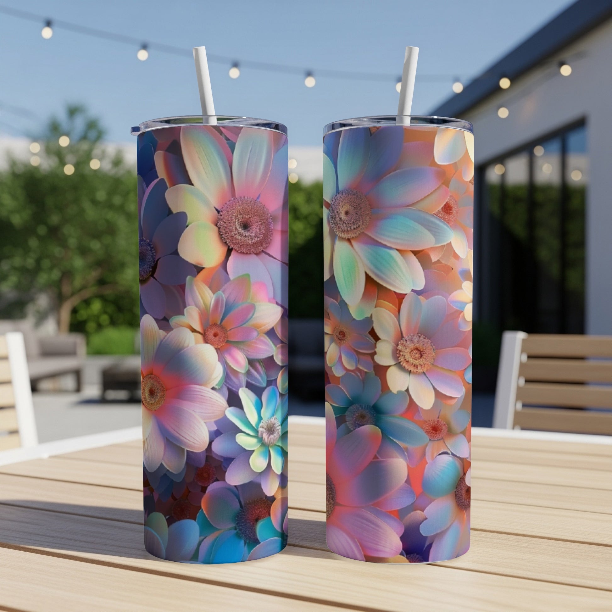 Two tall tumblers with a colorful floral design sit on a wooden table.