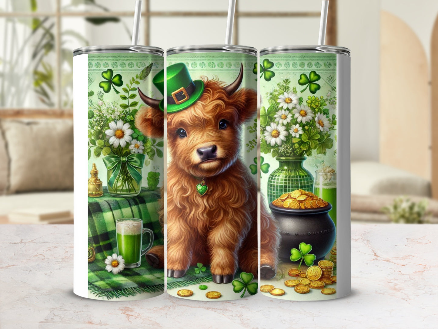 Highland cow with a green hat and shamrocks on a tumbler.