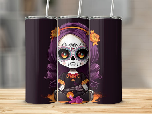 Three tumblers featuring a Day of the Dead girl with purple hair and colorful skull makeup.