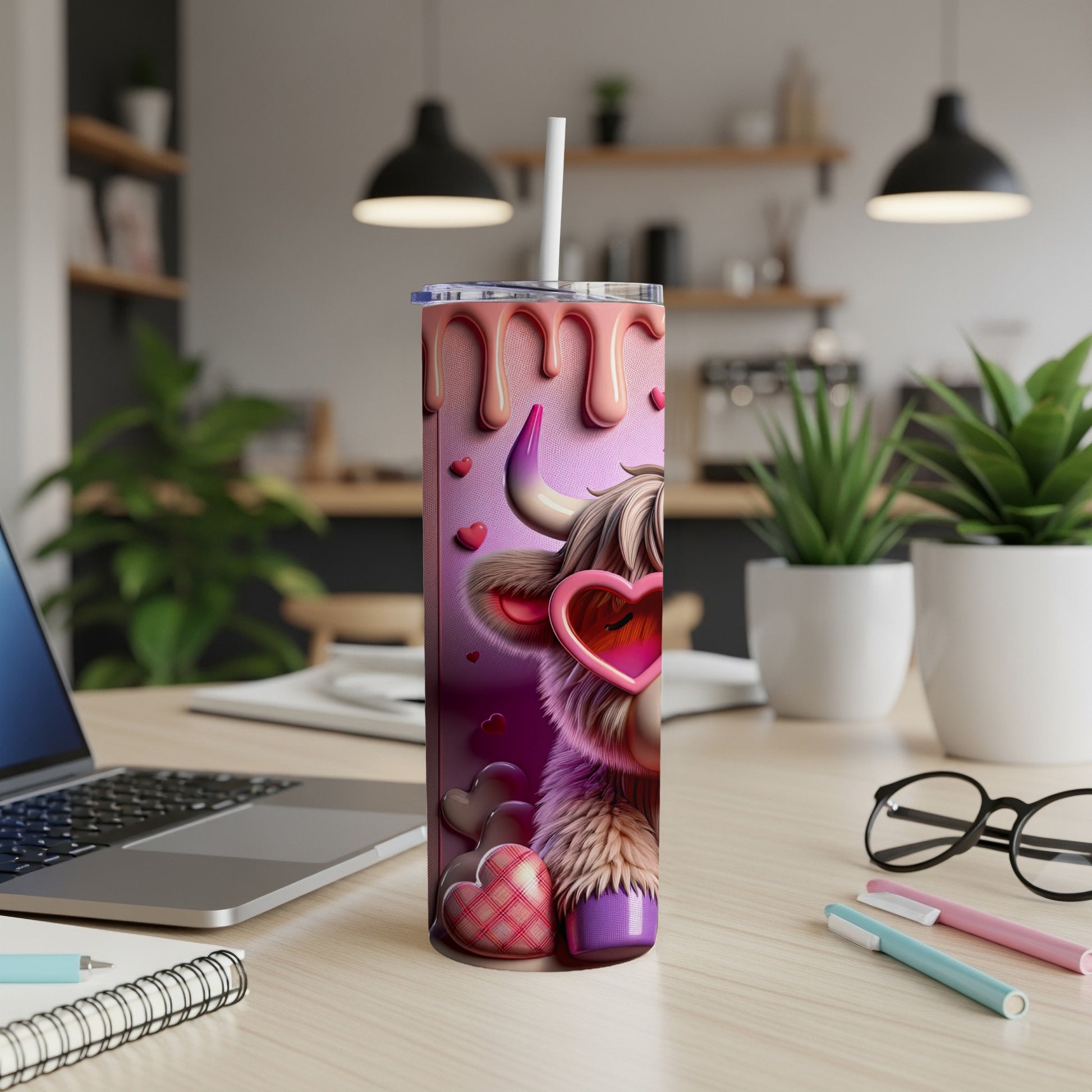 Pink Valentine's cow tumbler with hearts, glasses, and straw.