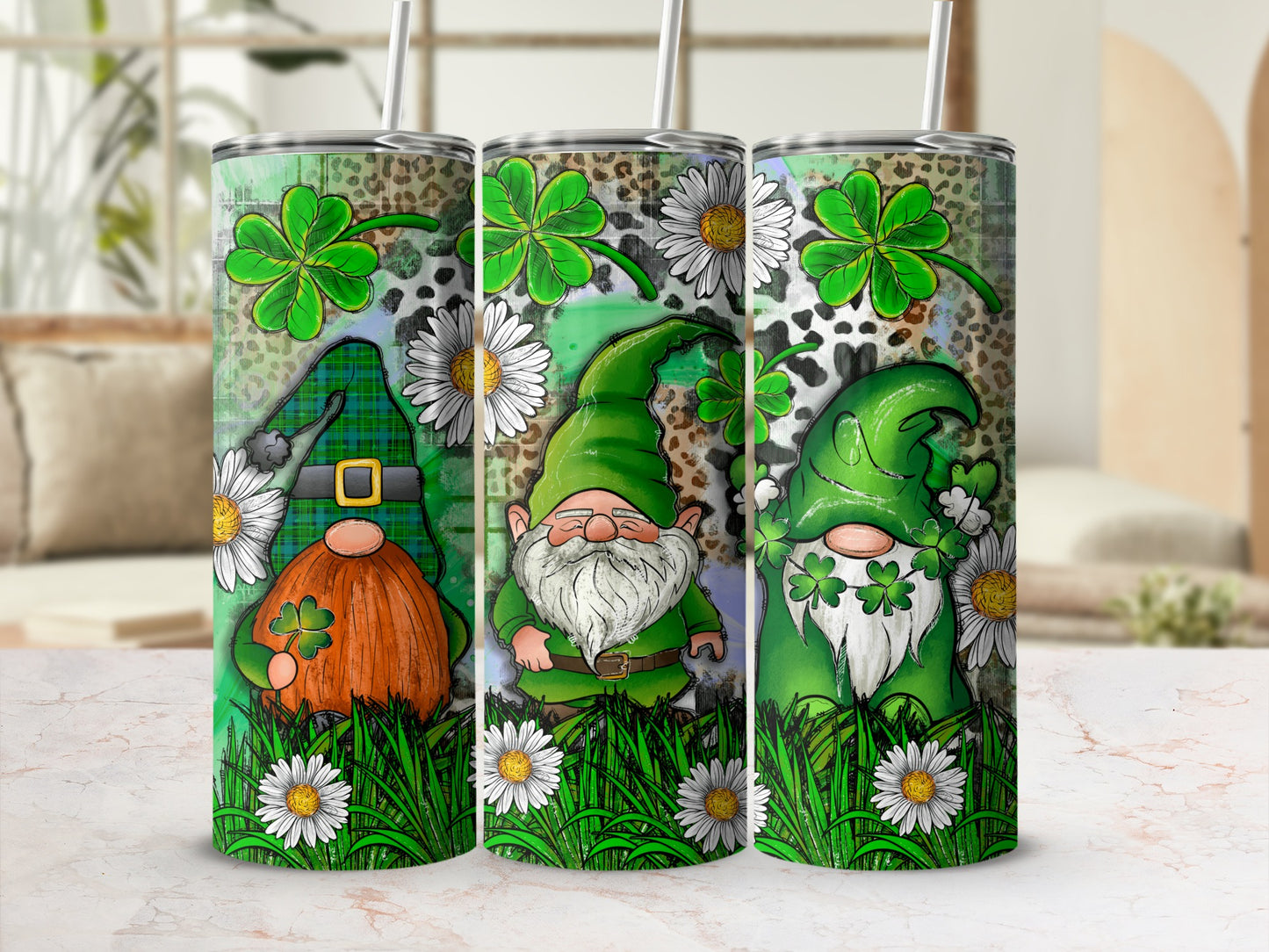 Three gnomes with shamrocks and daisies on a patterned background.