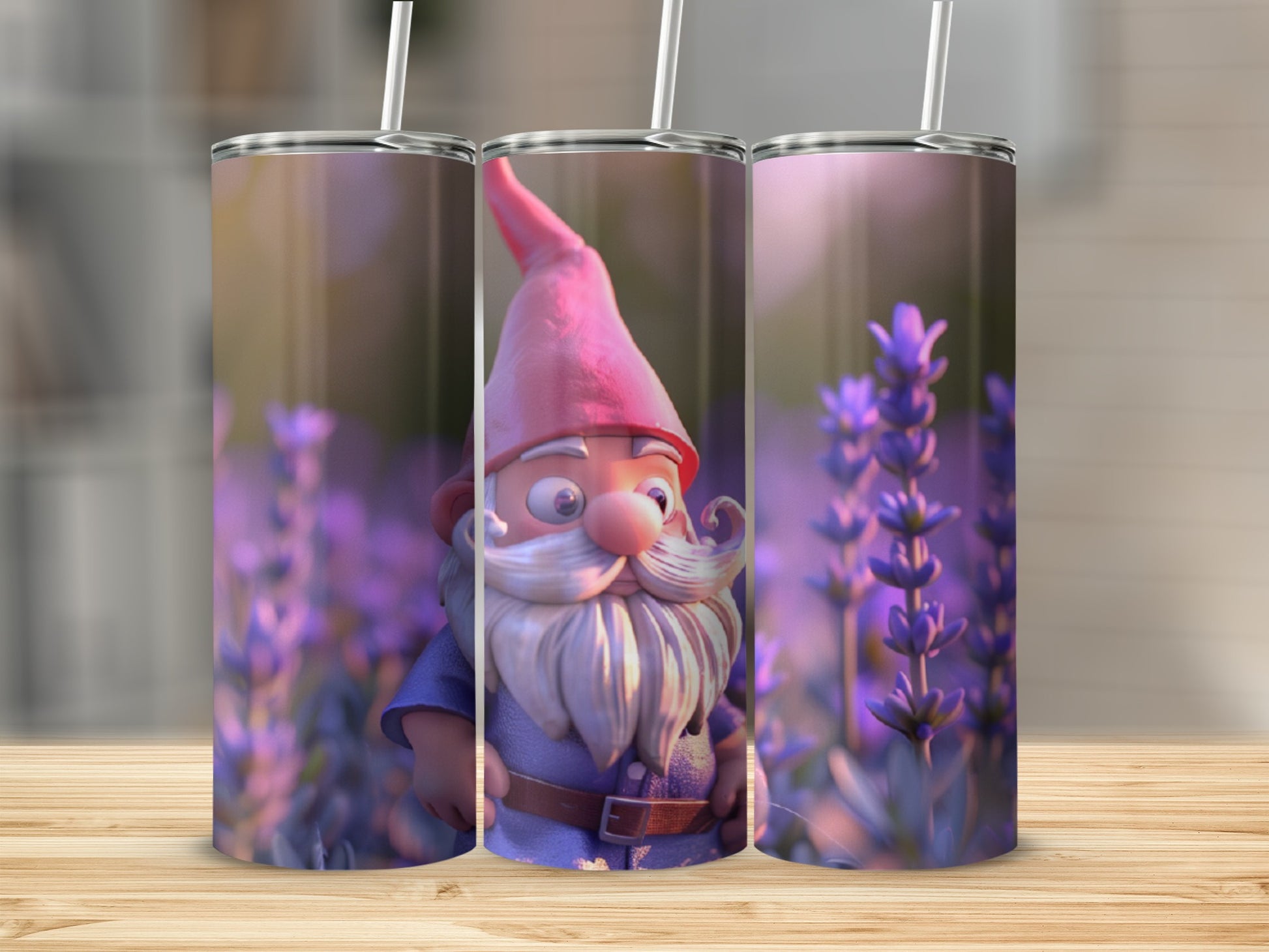 Gnome with pink hat and white beard among lavender flowers.
