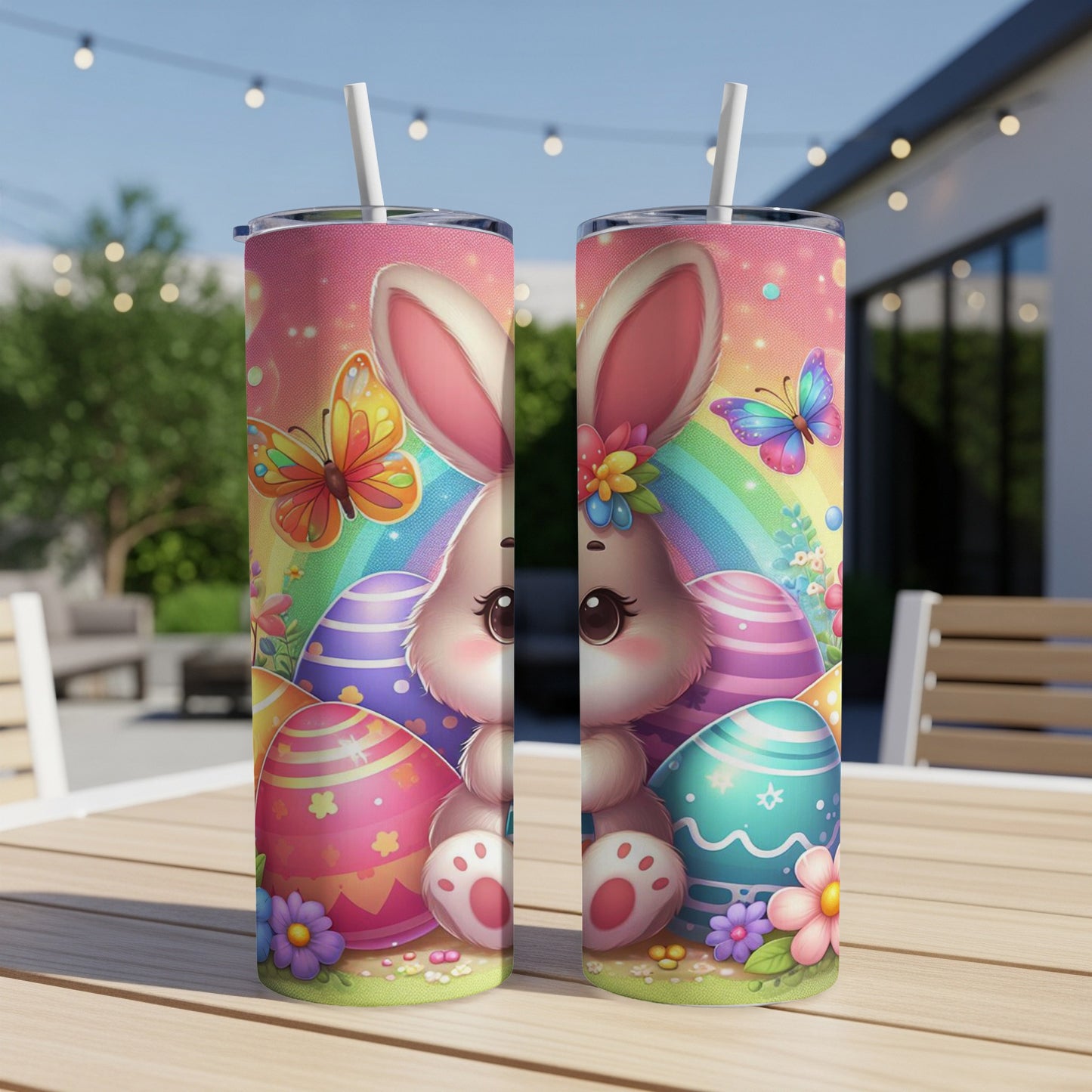 Pink bunny with Easter eggs and rainbow on a tumbler.