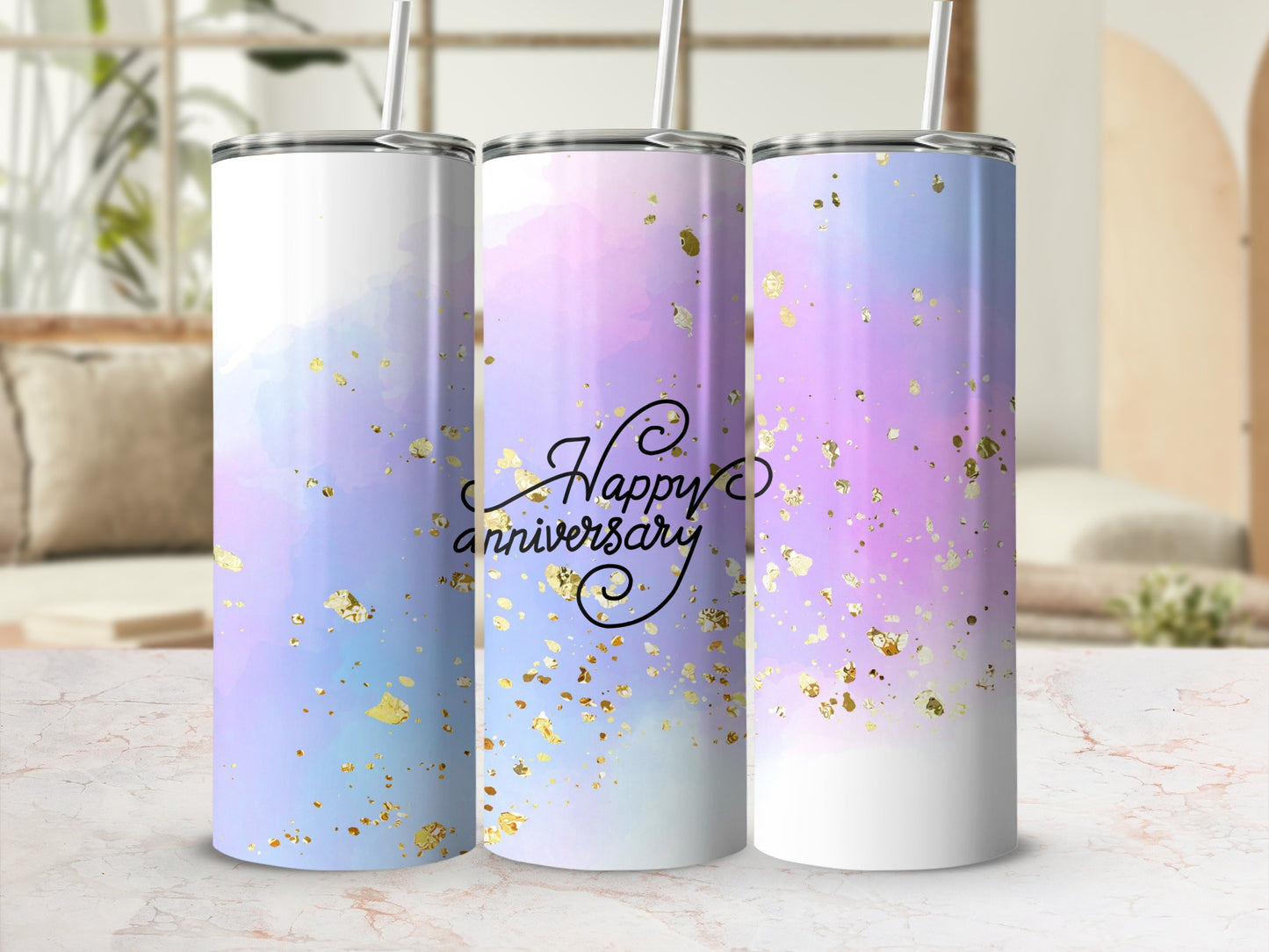 Three tumblers with watercolor and gold splatter design, reading "Happy Anniversary".