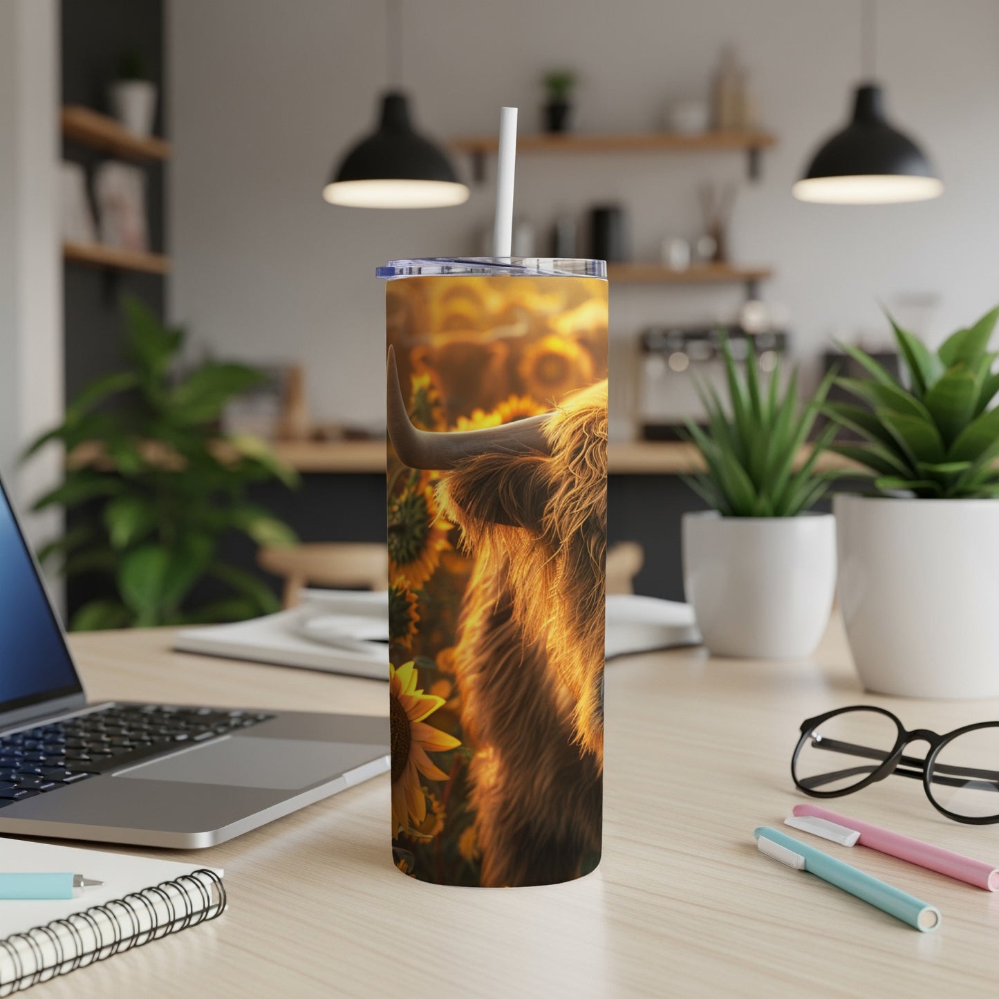 Highland cow illustration with sunflowers on a white tumbler with straw.