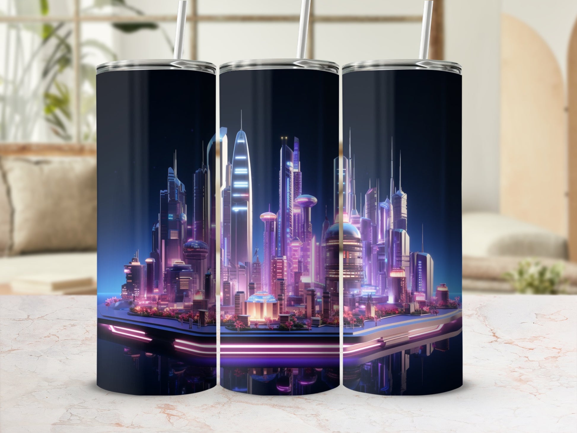 Futuristic Neon Cityscape Travel Tumbler with Straw