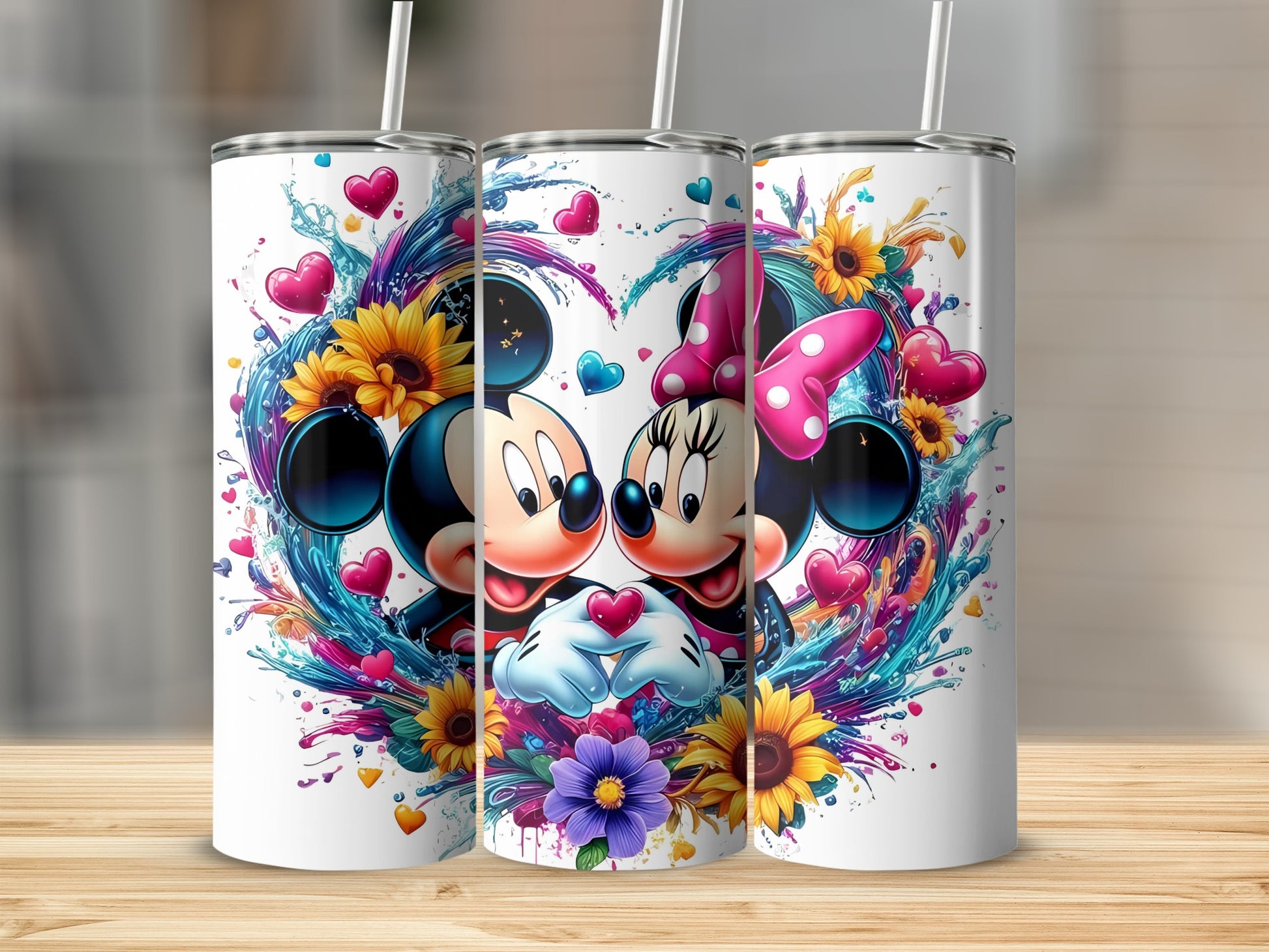 Cute Mickey and Minnie with Floral Hearts Tumbler