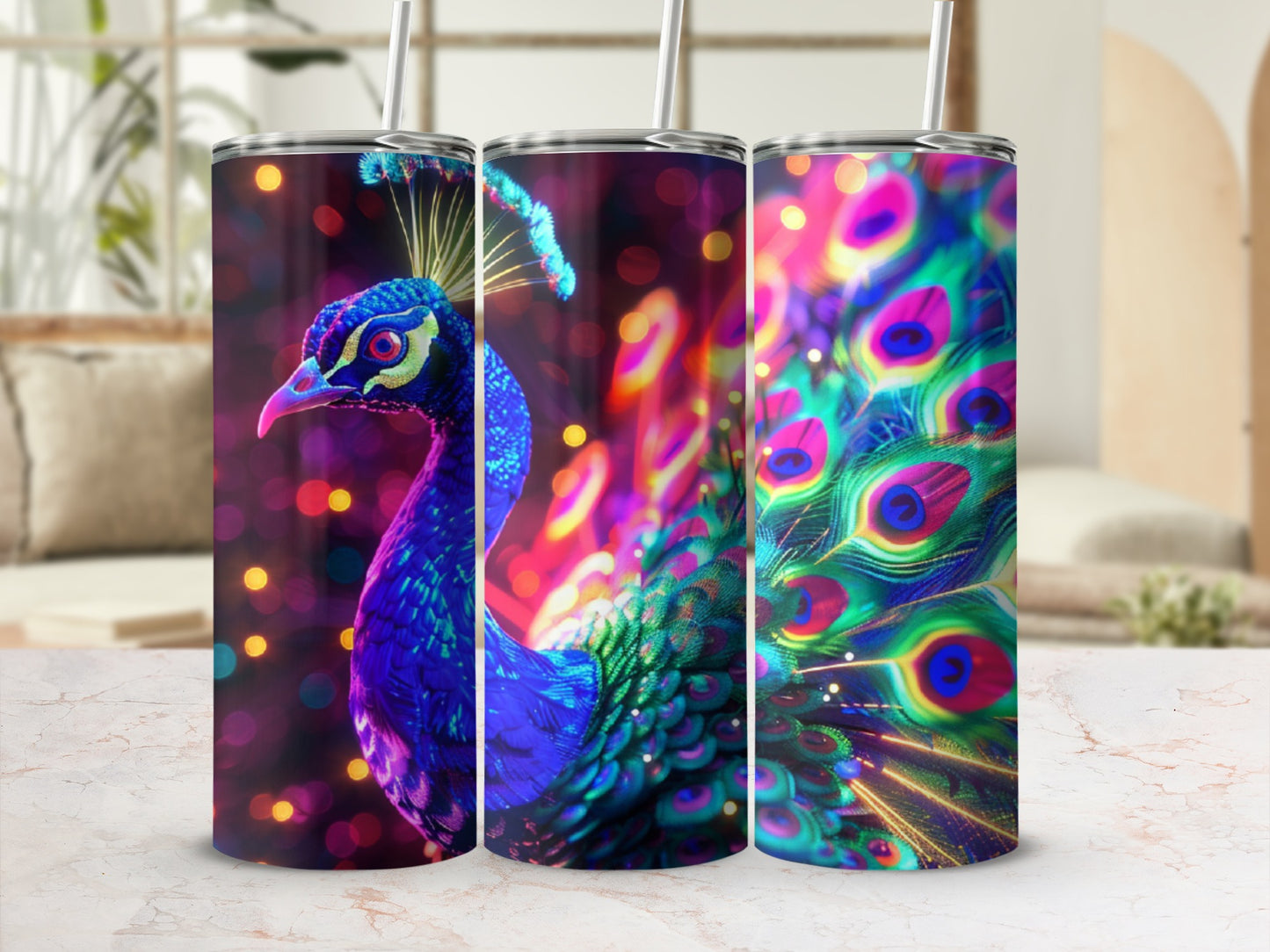 Triptych featuring a detailed peacock with vibrant iridescent feathers.