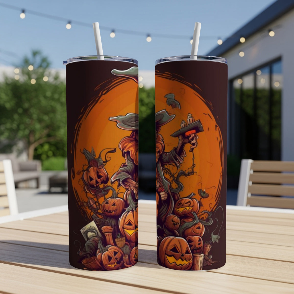 Two tumblers with a spooky jack-o-lantern and scarecrow Halloween design.