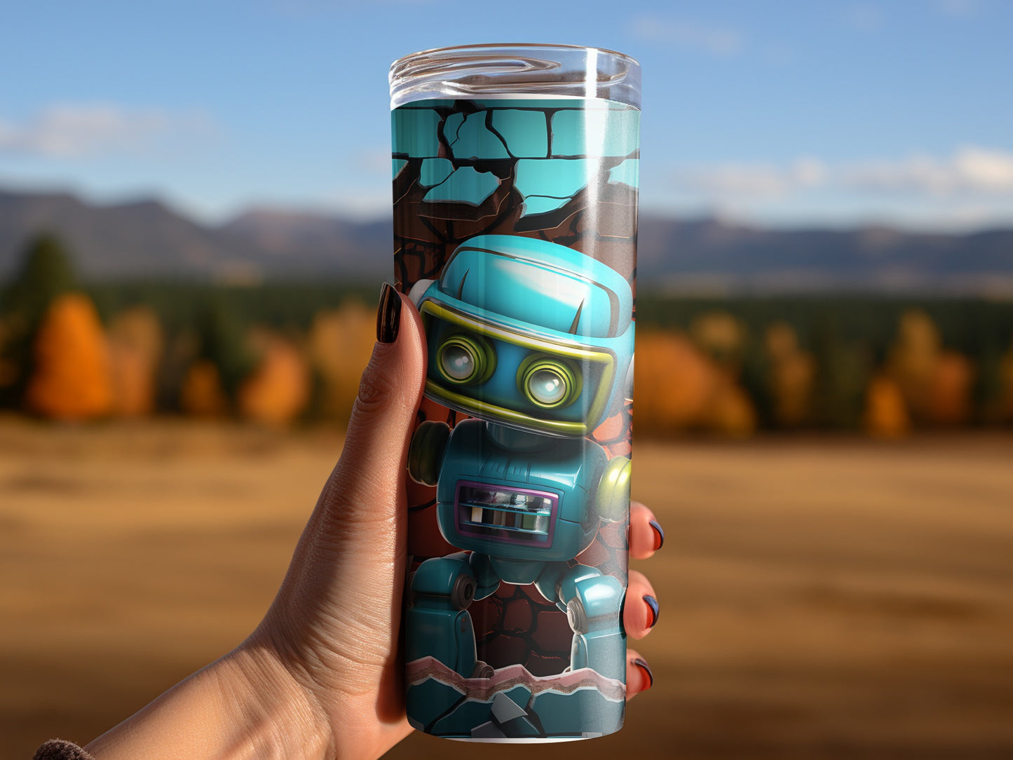 Colorful Robot Tumbler with Scenic Mountain Background