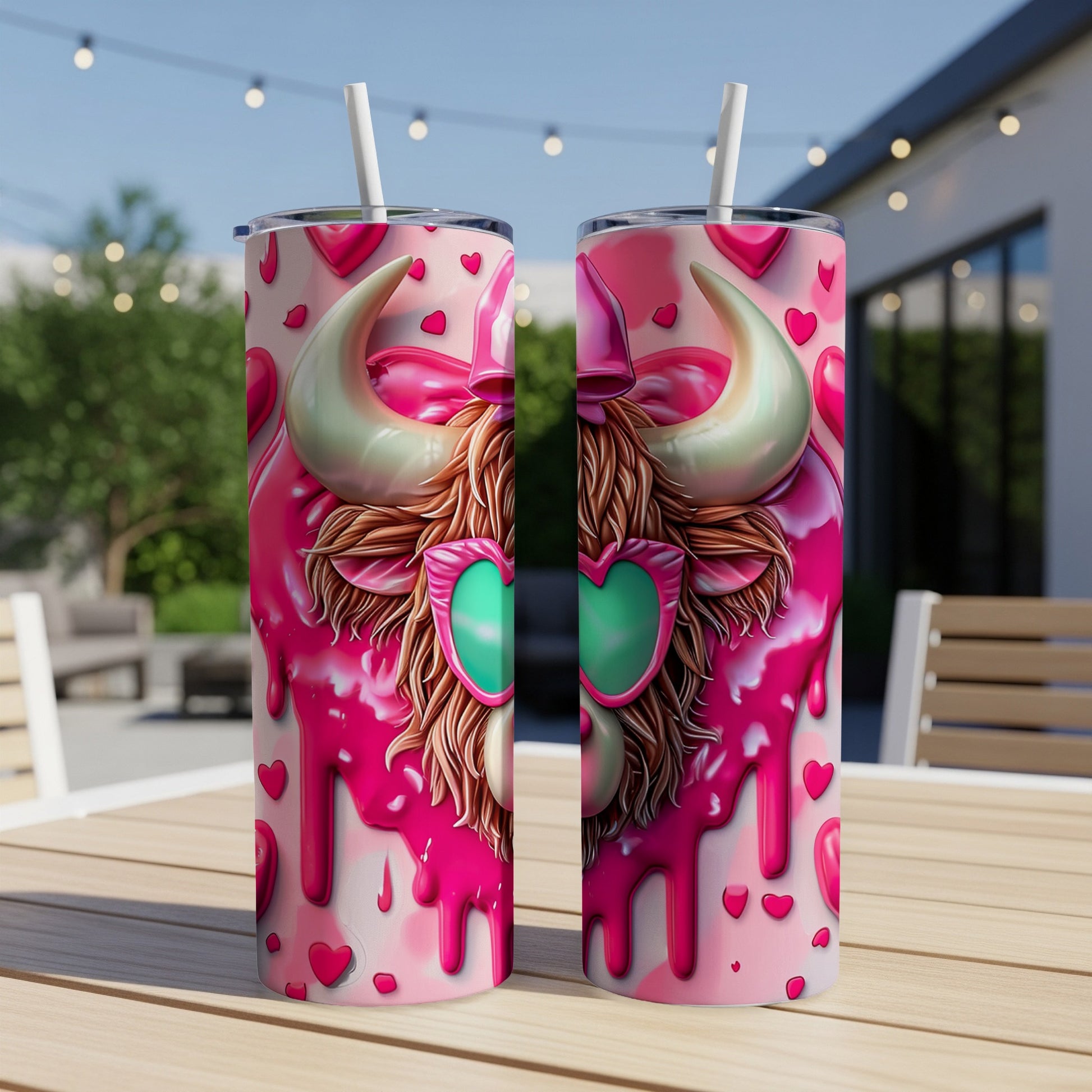 Pink bull with heart sunglasses and dripping design on a tumbler.