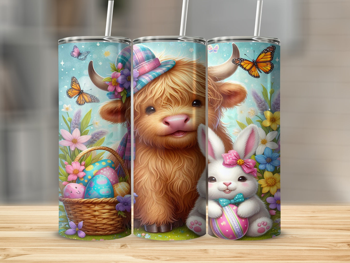 Highland cow with Easter bunny, basket of eggs, and butterflies.