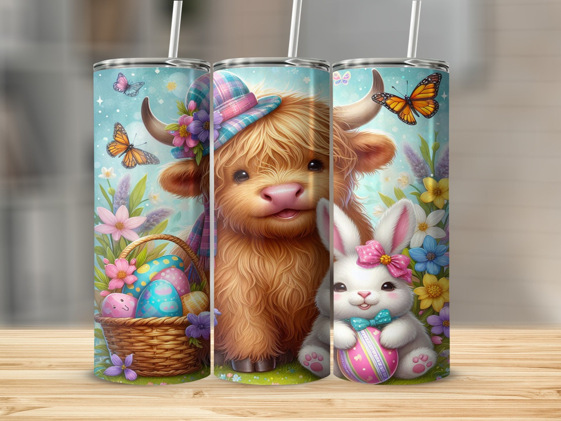 Highland cow with Easter bunny, basket of eggs, and butterflies.