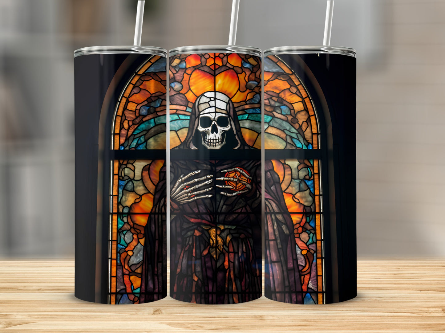 Stained glass skull warrior holding glowing orb, framed by arched window.
