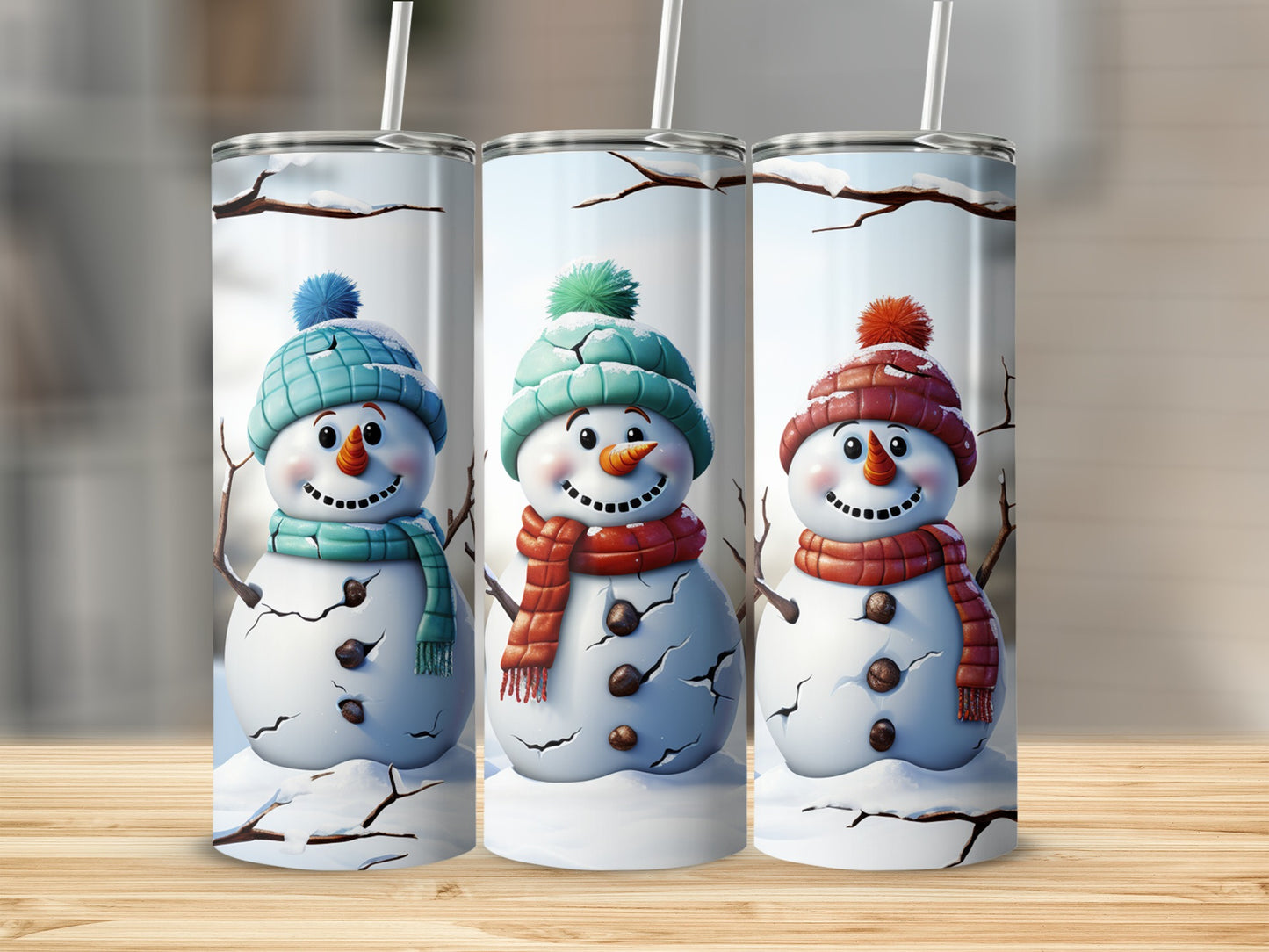 Three snowmen with hats and scarves stand in the snow.