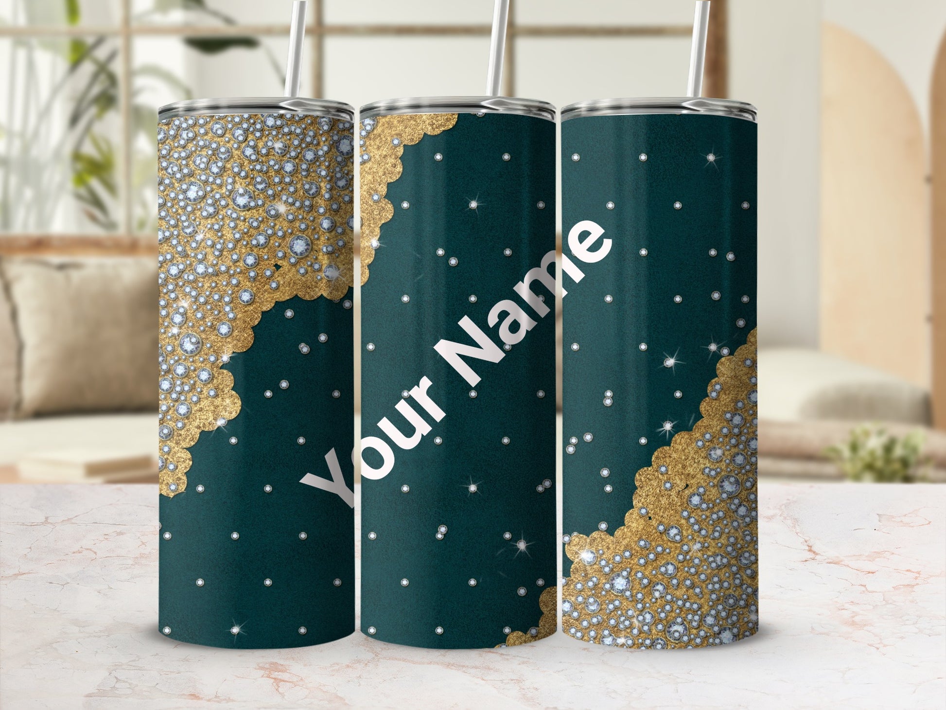 Personalized Elegant Glitter Tumbler with Straw