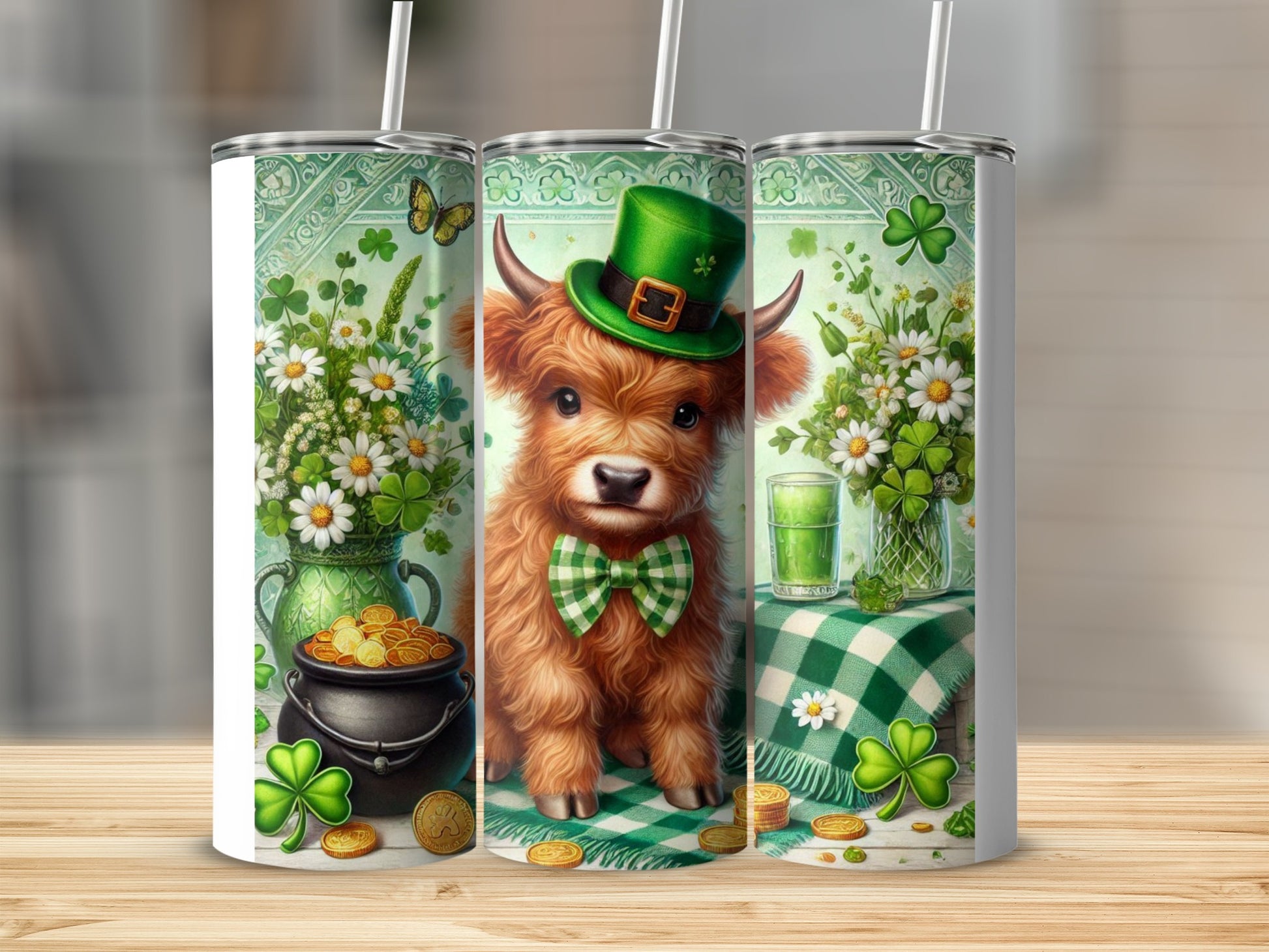 Highland cow wearing a green hat and bowtie with shamrocks and gold coins.