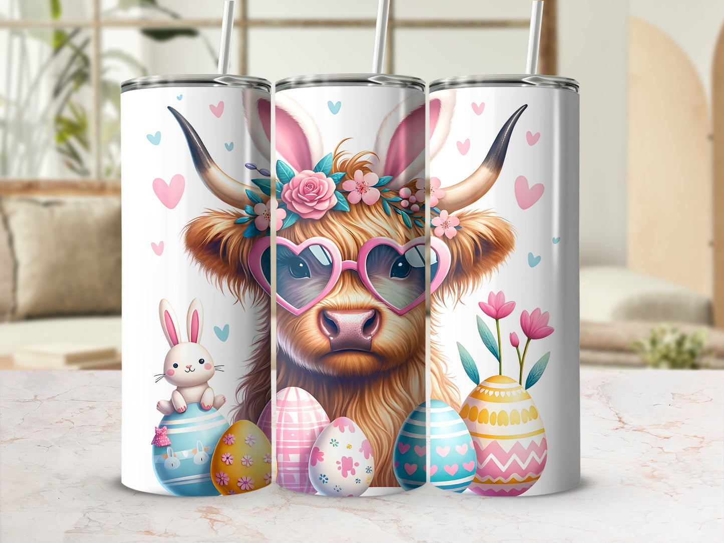Highland cow with bunny ears, sunglasses, and Easter eggs.